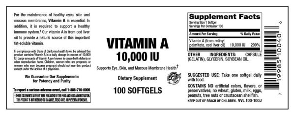 Vitamin Source Vitamin A 10,000 IU 100 Softgels Supply