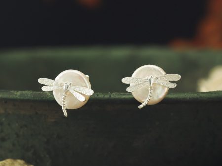 Dragonfly Pearl Stud Earrings Hot on Sale