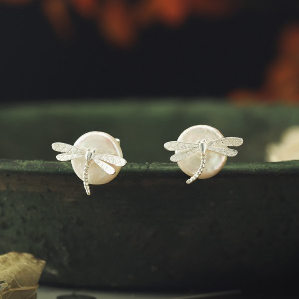 Dragonfly Pearl Stud Earrings Hot on Sale