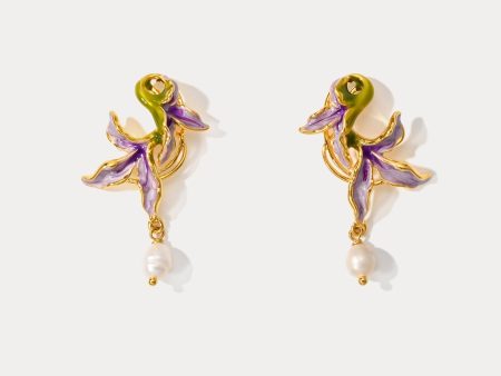 Purple Iris Flower Pearl Earrings For Cheap